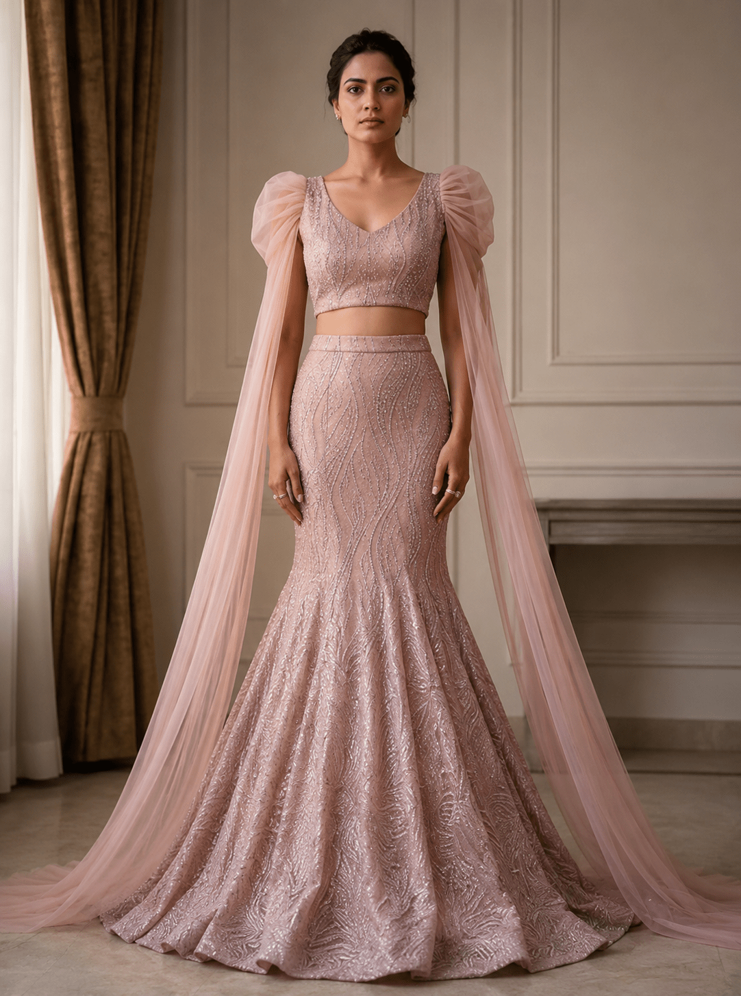 Blush Rose Embellished Cape Lehenga Set - Image 2