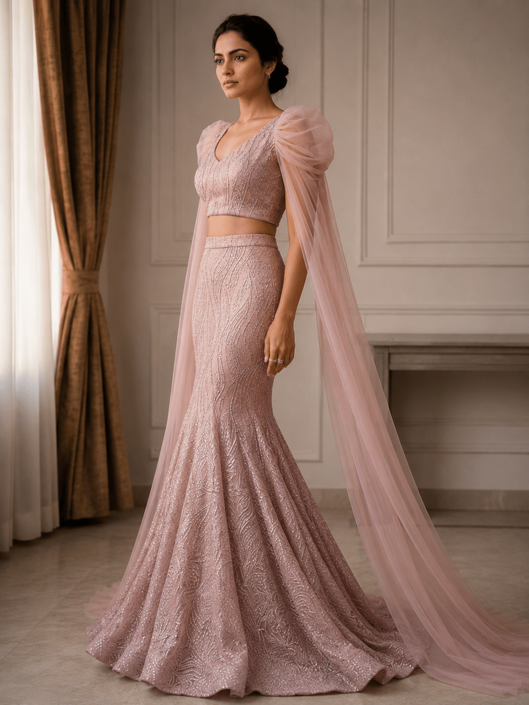 Blush Rose Embellished Cape Lehenga Set - Image 3