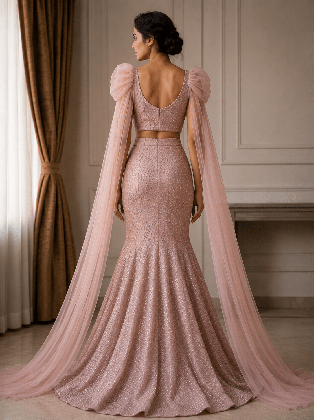 Blush Rose Embellished Cape Lehenga Set - Image 5