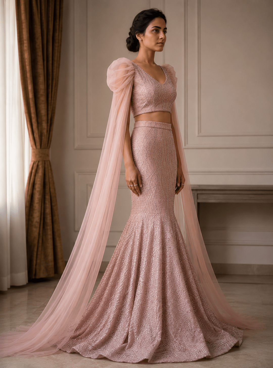 Blush Rose Embellished Cape Lehenga Set - Image 4